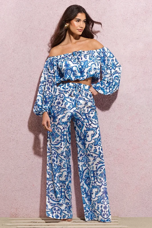 Bea | Blue Porcelain Print Chiffon Split Wide-Leg Trousers