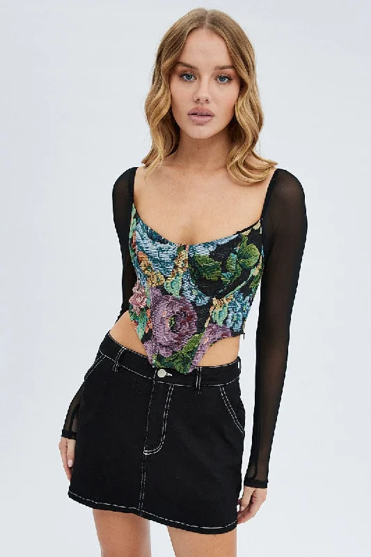 Black Floral Corset Top Long Sleeve Sweetheart Neckline Shirred