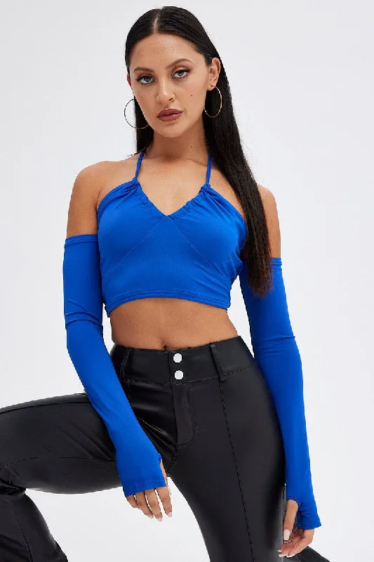 Blue Halter Top Long Sleeve Crop Top