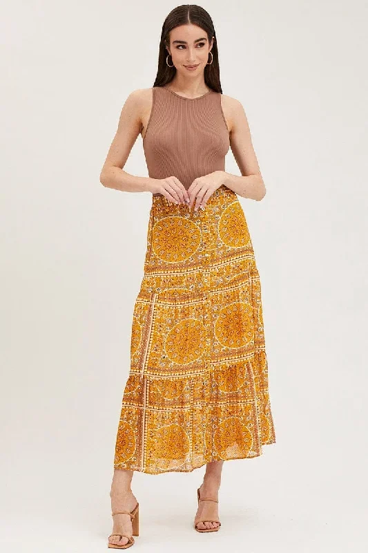 Boho Print Maxi Skirt High Rise Tiered