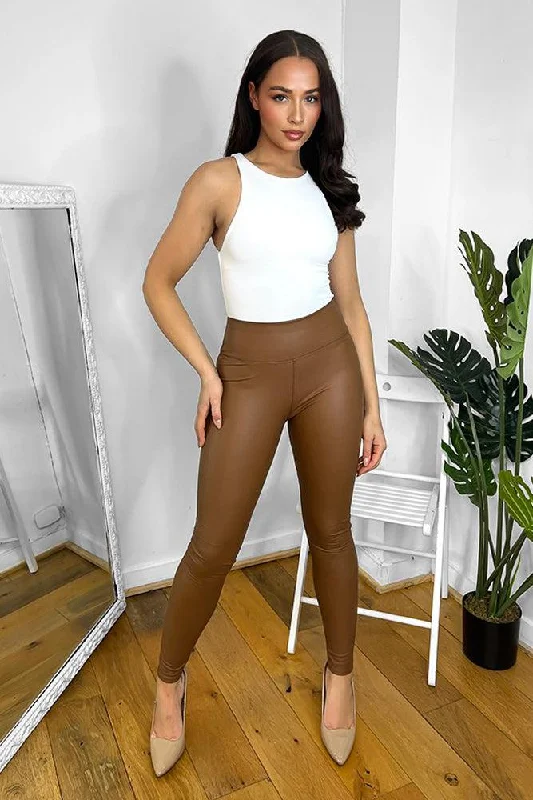 Brown Stretchy Vegan Leather High Waist Leggings