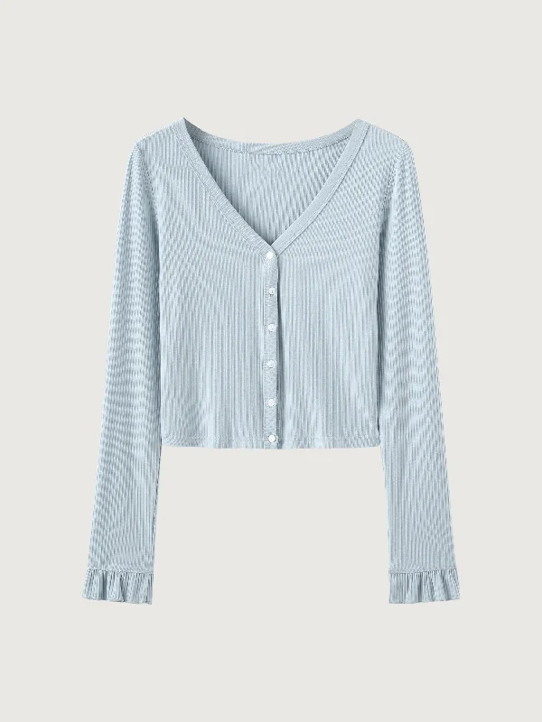 Cool Rib Ruffle Sleeve Button-Down Cardigan