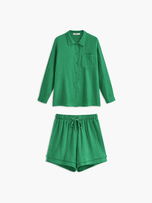 Cotton Drawstring Lapel Shorts Set