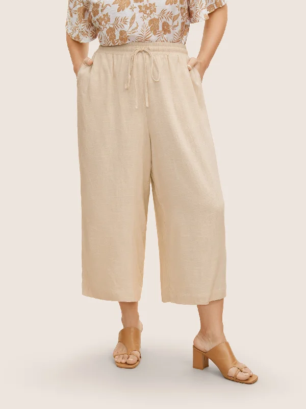 Linen Blend Drawstring Mid Rise Wide Leg Pants