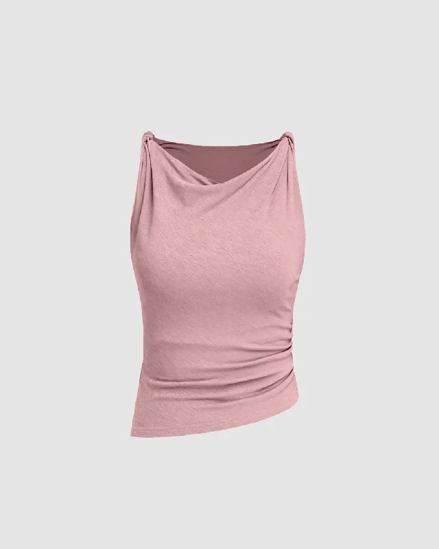 Cowl Neck Solid Ruched Tank Top In Dusty Pink