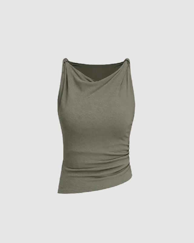 Cowl Neck Solid Ruched Tank Top In Green