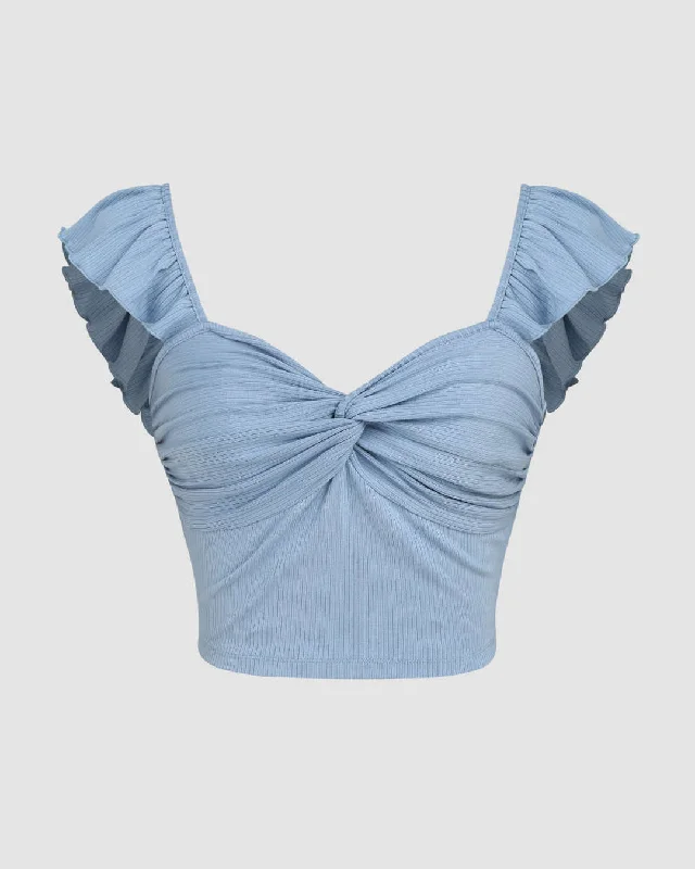 Cropped Vest Ruffle Top In Dusty Blue