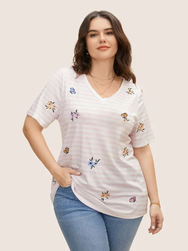 Floral & Butterfly Embroidered Striped Crew Neck T-shirt