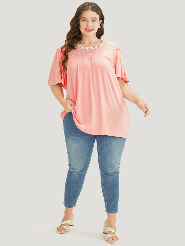 floral-embroidered-ruffle-sleeve-keyhole-round-neck-t-shirt