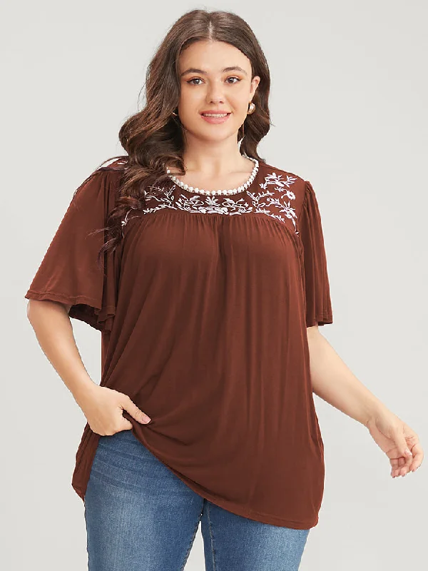 floral-embroidered-ruffle-sleeve-keyhole-round-neck-t-shirt