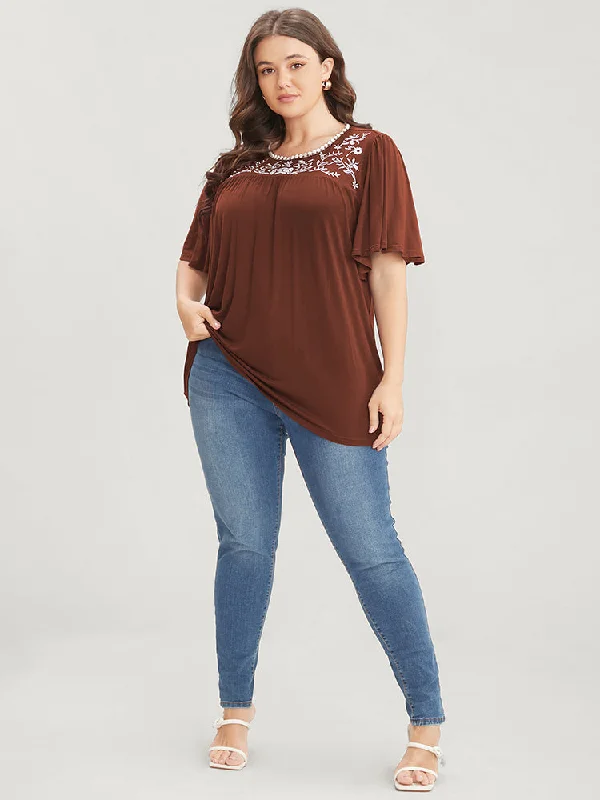 floral-embroidered-ruffle-sleeve-keyhole-round-neck-t-shirt