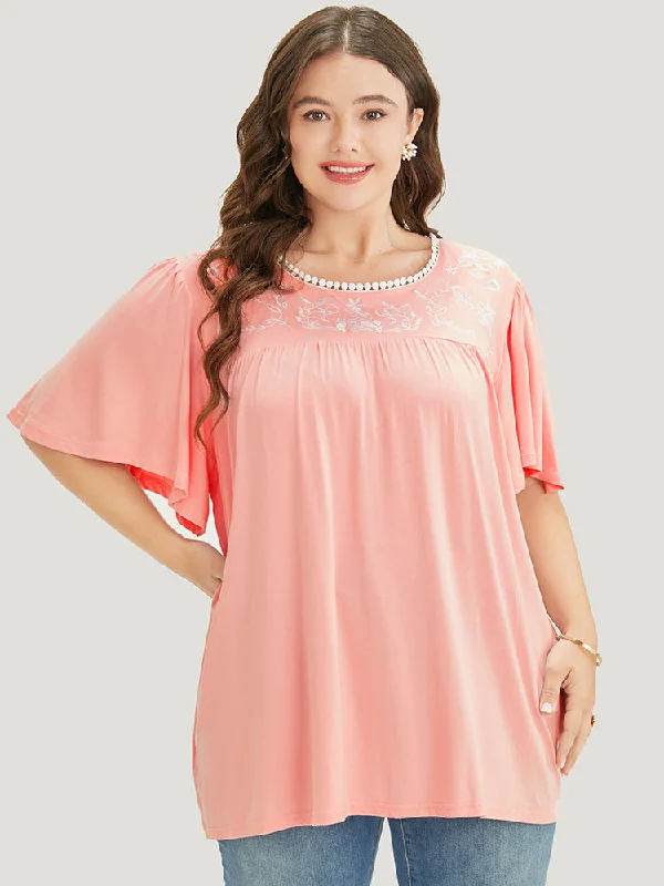 floral-embroidered-ruffle-sleeve-keyhole-round-neck-t-shirt