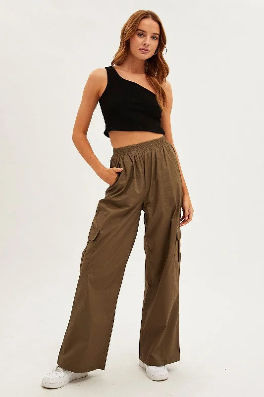 Green Wide Leg Cargo Pants High Rise