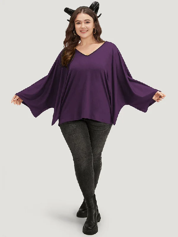 Halloween Plain V Neck Batwing Sleeve T-shirt