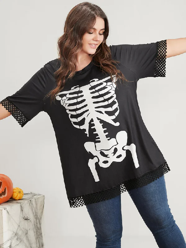 Halloween Skeleton Print Fishnet Patch T-shirt