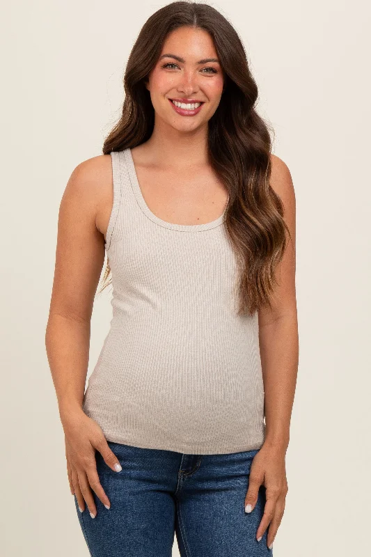 Light Taupe V-Neck Basic Maternity Tank Top