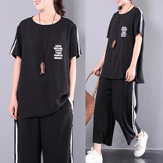 new black baggy loose chiffon short sleeve tops and casual slim crop pant two pieces