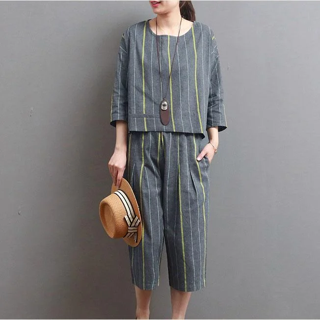 original striped cotton tops casual loose pant summer bracelet sleeved tops and pants two pieces