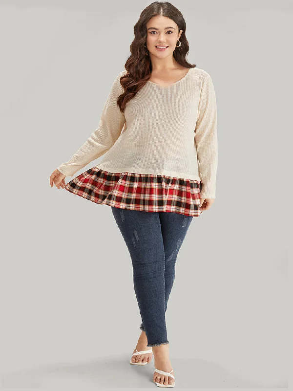 plaid-patchwork-round-neck-flutter-hem-t-shirt