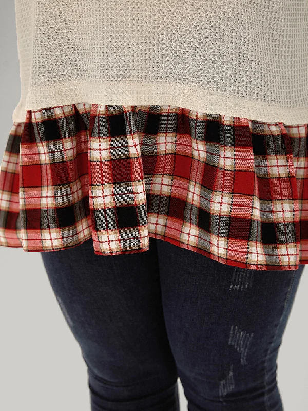 plaid-patchwork-round-neck-flutter-hem-t-shirt