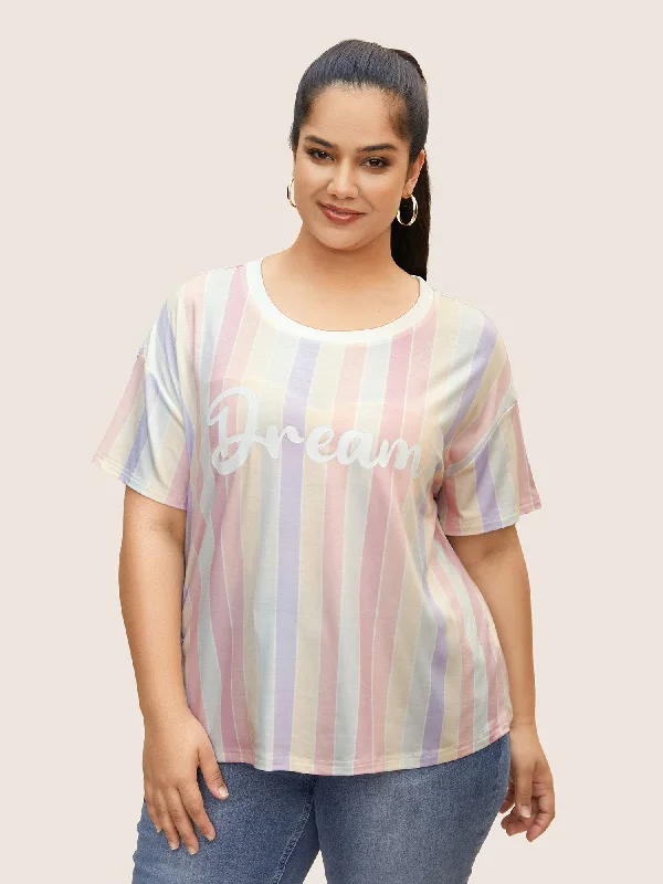 Round Neck Colored Striped Letter Print T-shirt