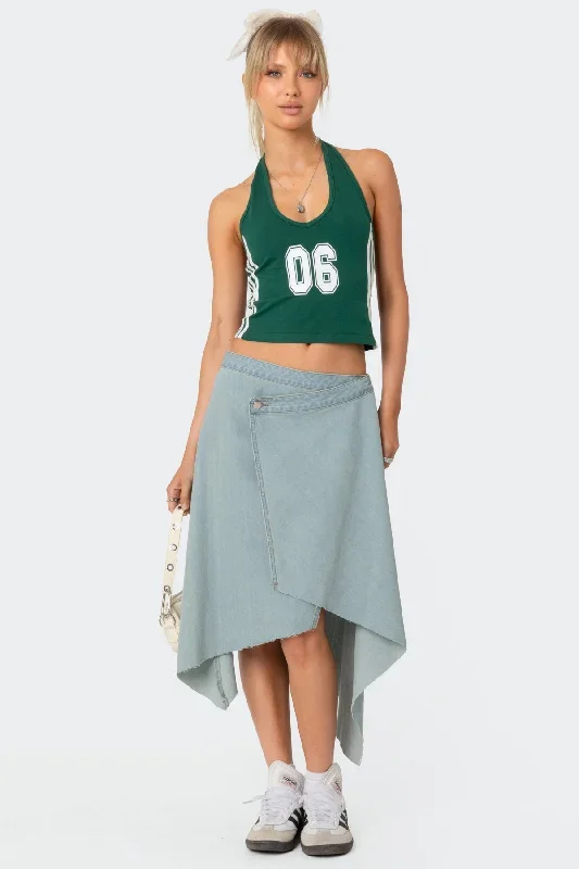 Asymmetric Wrapped Denim Midi Skirt