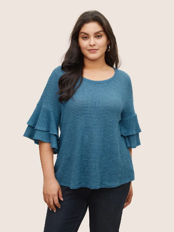 Solid Waffle Knit Tiered Flutter Sleeve T-shirt