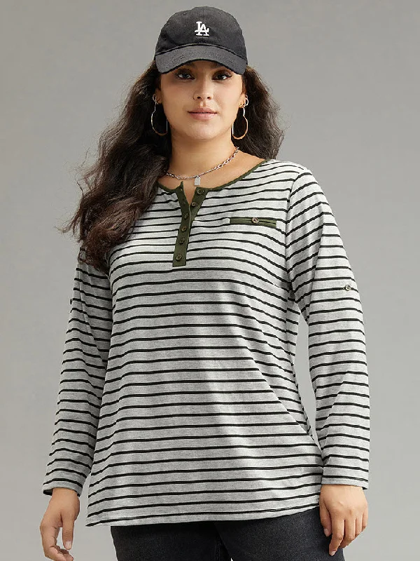 Striped Contrast Button Up Tab Sleeve T-shirt