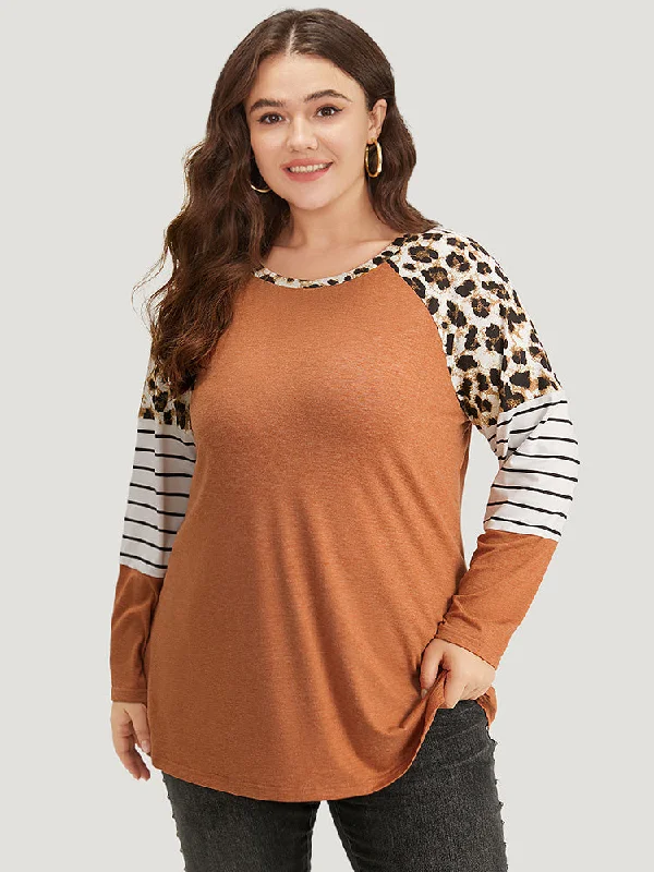 Striped Patchwork Leopard Print Crew Neck T-shirt