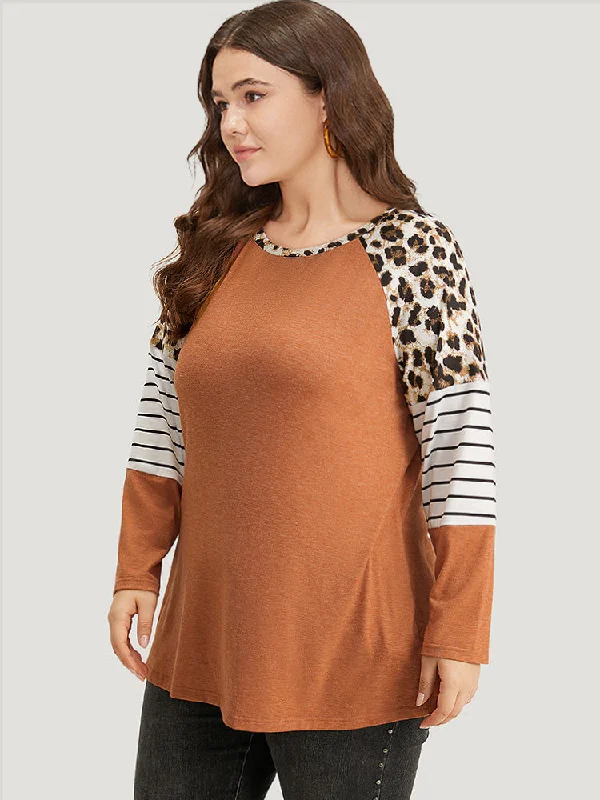 striped-patchwork-leopard-print-crew-neck-t-shirt