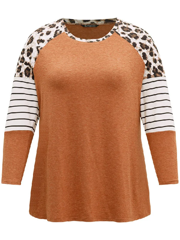 striped-patchwork-leopard-print-crew-neck-t-shirt