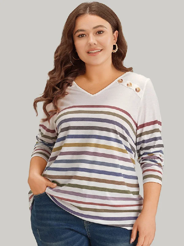 Striped V Neck Button Detail Raglan Sleeve T-shirt