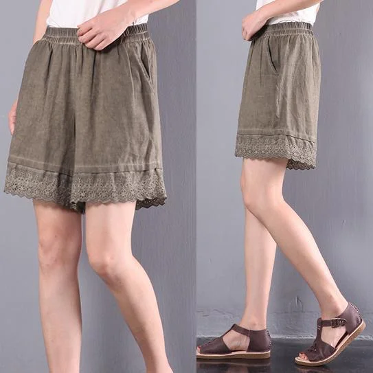 summer green pockets linen shorts oversize elastic waist shorts