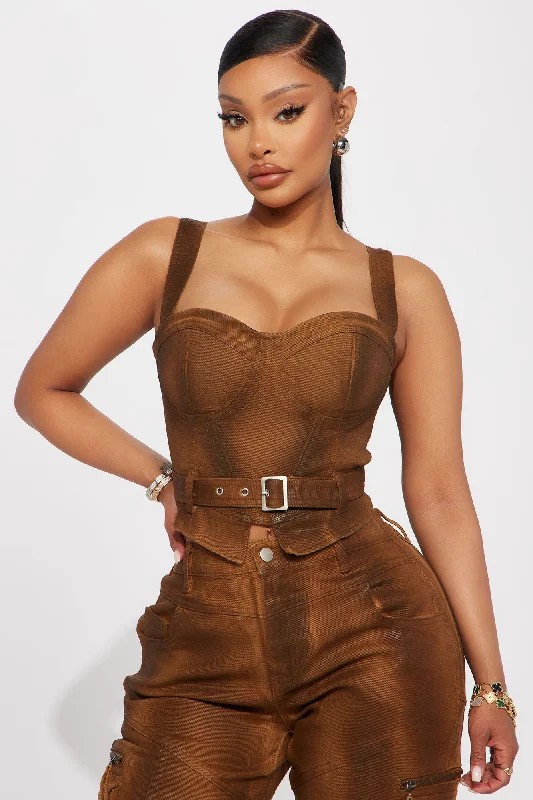 Top Priority Coated Denim Bustier Top - Brown