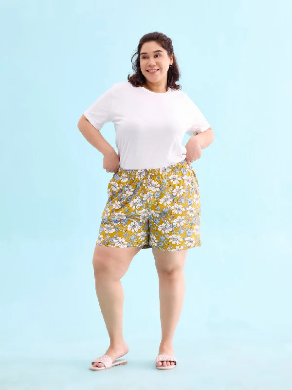 Women Printed Yellow Cotton Knit Lounge Shorts