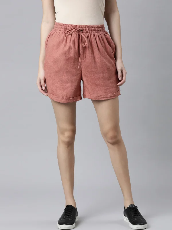 Women Solid Rust Linen Shorts