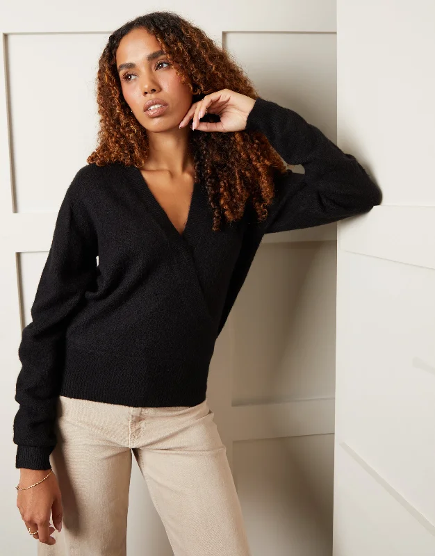 Women's Black Wrap Front Jumper