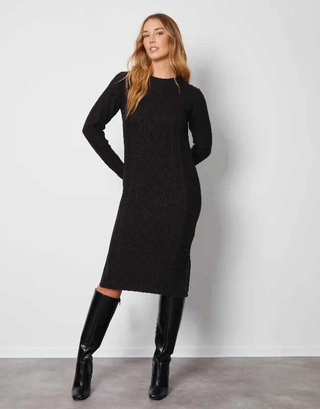 Women's Black Cable Knit Midi Dress