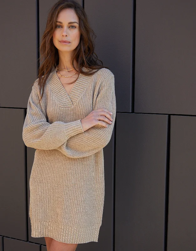 Women's Petite Stone V-Neck Knitted Jumper Dress