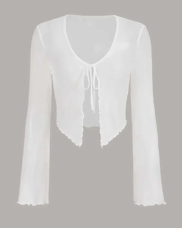 Y2K Cropped Tie Front Knot Shirred White Mesh Top